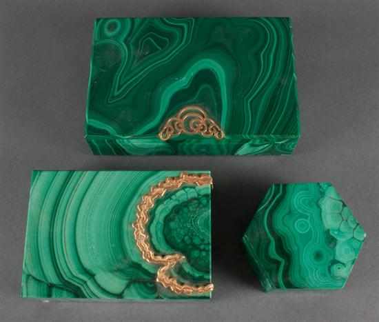 Appraisal: Two gold-mounted malachite vanity boxes and a hexagonal-shaped malachite vanity