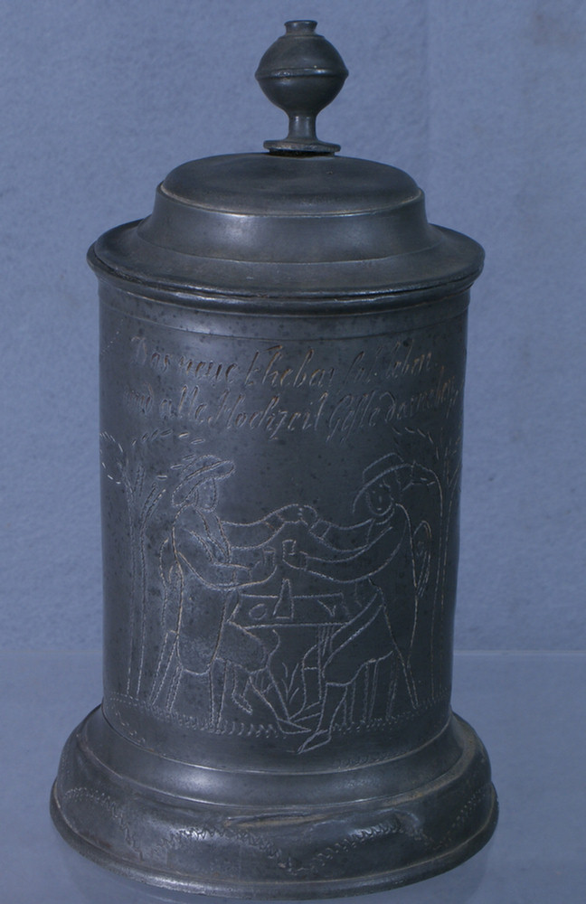 Appraisal: th c German pewter stein cylindrical body with engraved drinking