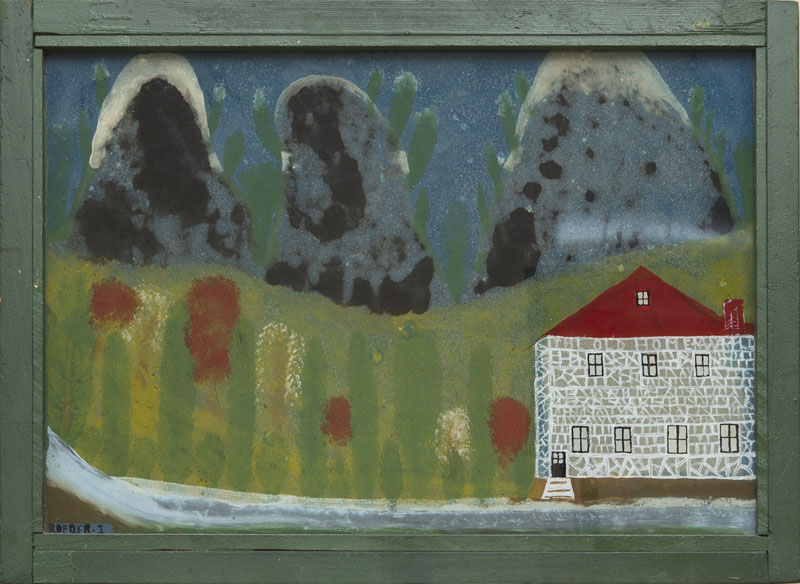 Appraisal: TH CENTURY SCHOOL HOUSE WITH RED ROOF Reverse glass painting