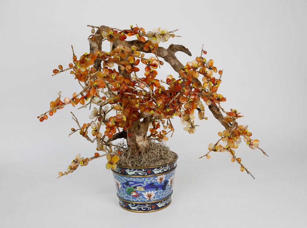 Appraisal: Chinese Carnelian Tree in a Cloisonne Pot th century Chinese