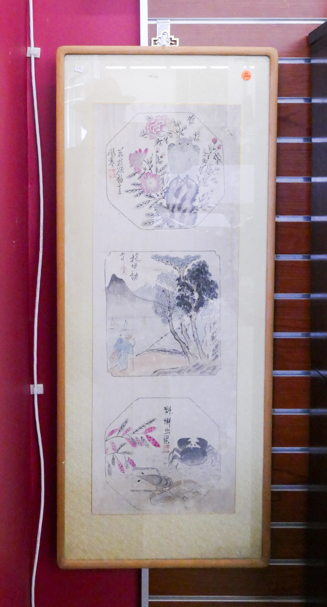 Appraisal: Korean Folk Art Triptych Fan Painting Framed- x ''