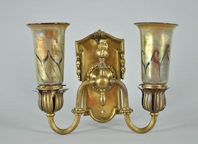 Appraisal: Two-Light Gilt Bronze Wall Sconce with Aurene Glass Shades Two