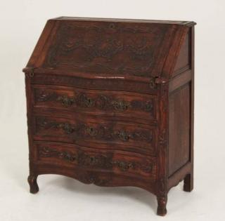 Appraisal: FRENCH PROVINCIAL CARVED OAK BUREAU FRENCH PROVINCIAL CARVED OAK SERPENTINE