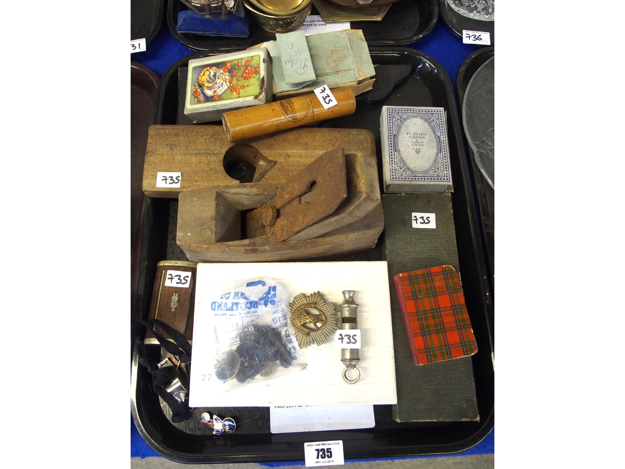 Appraisal: Assorted collectables including Glasgow Police buttons wood planes Mauchline needle