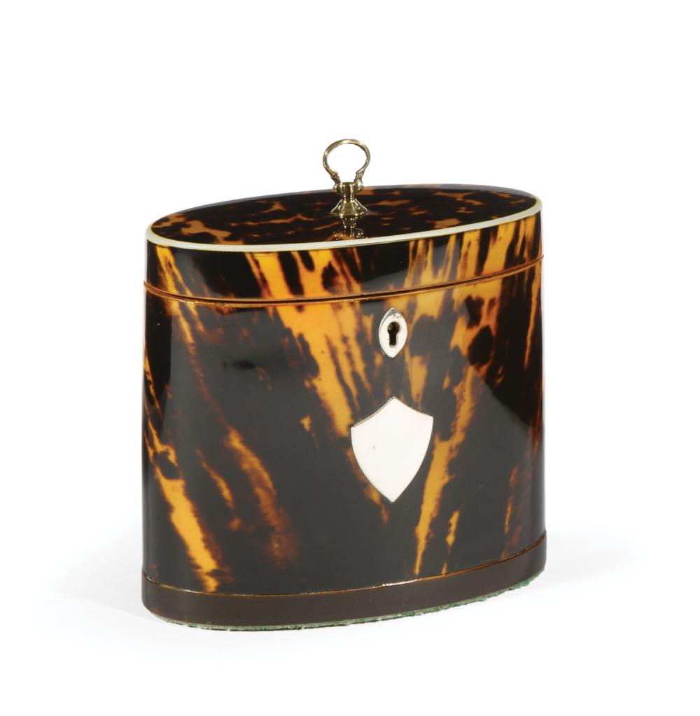 Appraisal: Georgian Tortoiseshell Oval Tea Caddy th c small knop finial