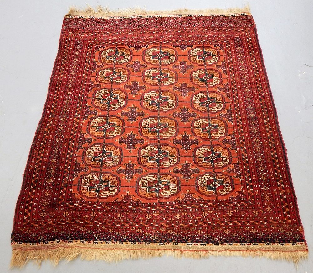 Appraisal: C Turkmen Geometric Carpet Rug Persia C Red ground with