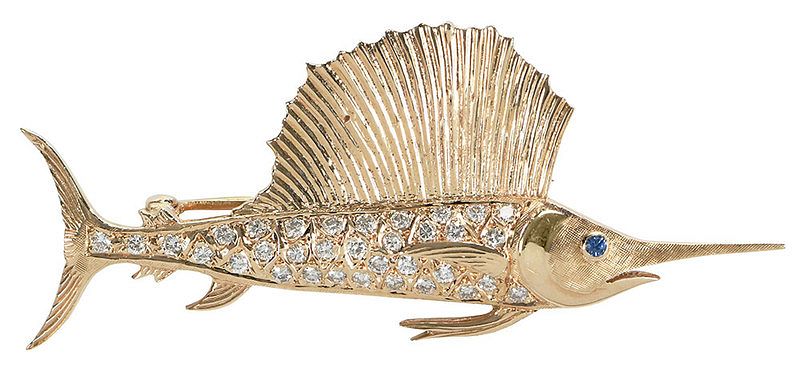 Appraisal: kt Gemstone Marlin Brooch round brilliant diamonds estimated total weight