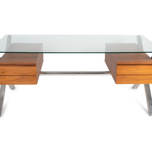 Appraisal: A Contemporary Walnut Steel and Glass Desk DESIGNED BY EMILIANO