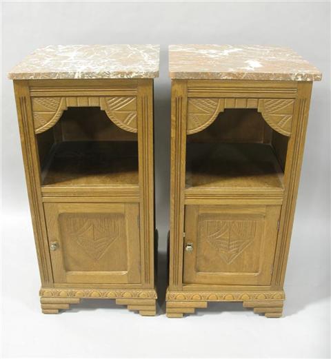 Appraisal: PAIR VICTORIAN STYLE OAK MARBLE SIDE CABINETS Marble tops over