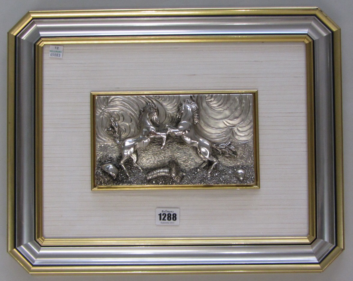 Appraisal: A plated rectangular electrotype plaque depicting two fighting horses displayed