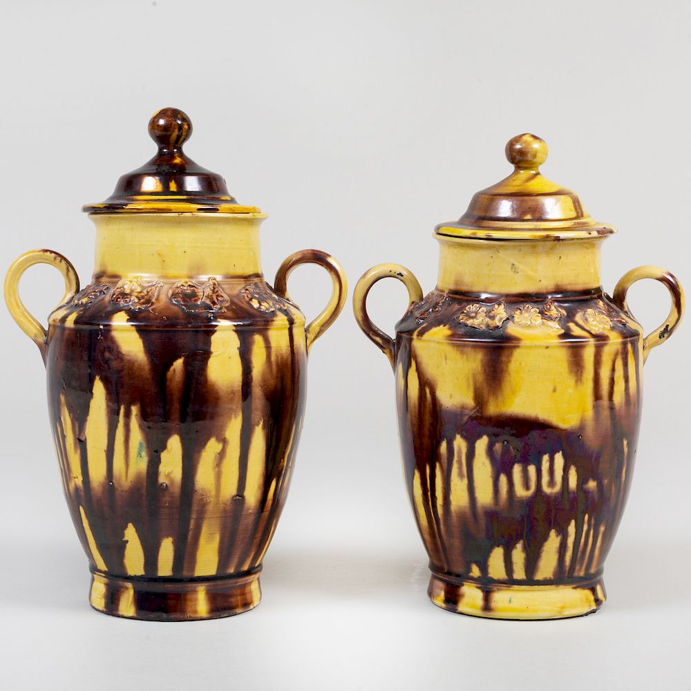 Appraisal: Pair of Continental Yellow Ground Brown Splashed Earthenware Vases and