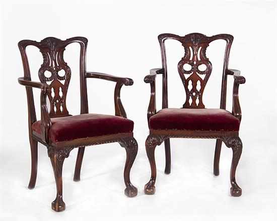 Appraisal: Pair Chippendale style carved mahogany armchairs late th century carved