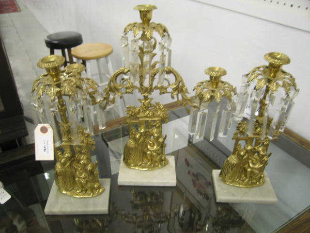 Appraisal: Pc French Brass Crystal Marble Girandole Set man woman decor