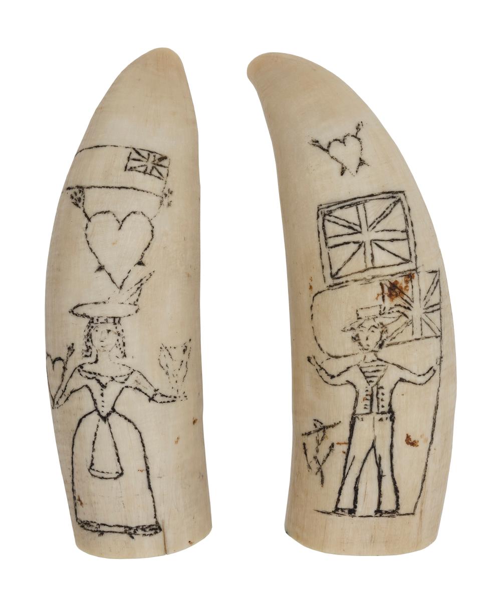 Appraisal: PAIR OF SCRIMSHAW WHALE'S TEETH DEPICTING A SAILOR AND HIS