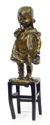 Appraisal: A CONTINENTAL BRONZE FIGURE modelled as a girl standing on