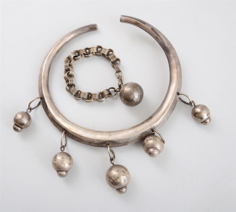 Appraisal: STERLING SILVER BELL-HUNG CRESCENT NECKLACE AND A SILVERED METAL BALL-HUNG