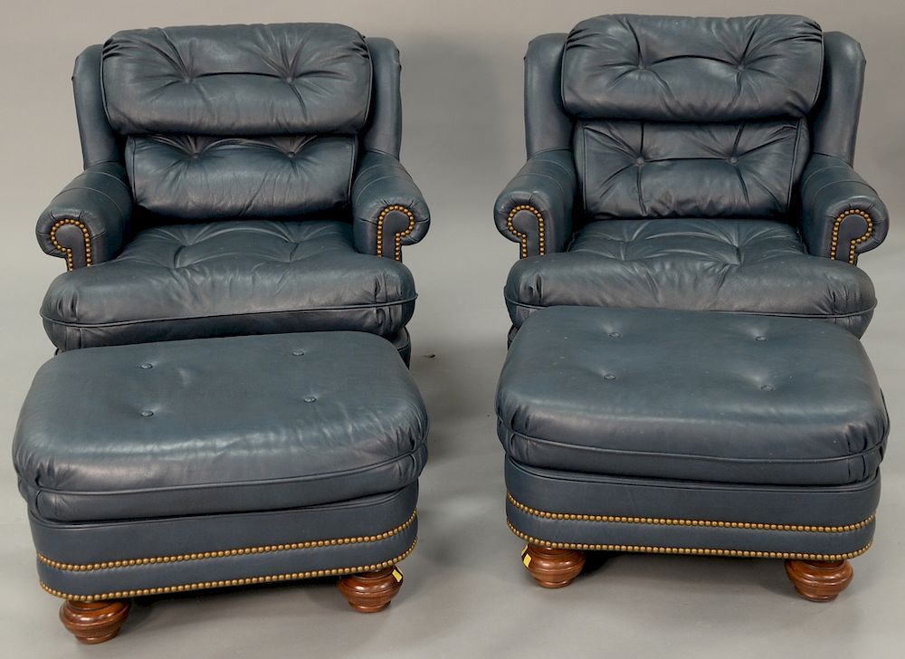 Appraisal: Pair of leather craft easy chairs and ottomans ht in