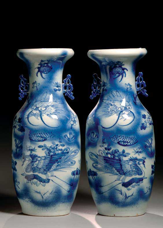 Appraisal: PAIR ANTIQUE BLUE AND WHITE VASES Pair of tall antique