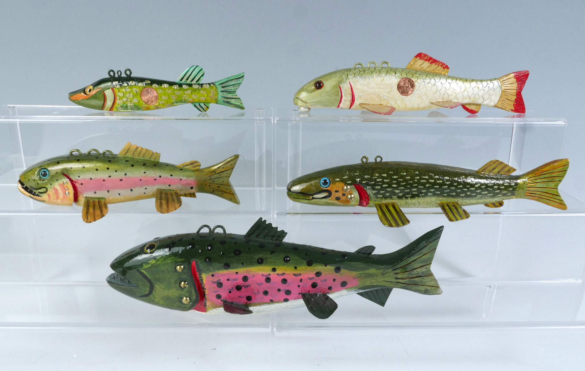 Appraisal: FIVE PIECE DENNY ECKERT FISH DECOY LOT Brightly Colored Green