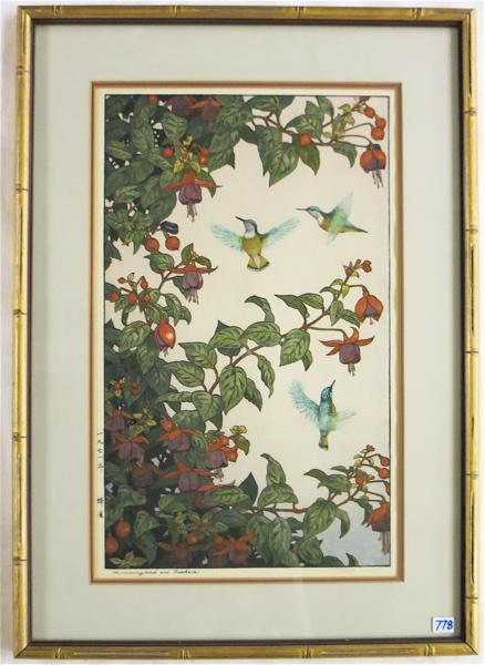 Appraisal: TOSHI YOSHIDA COLOR WOODCUT Japanese - Titled Hummingbird and Fuchsia