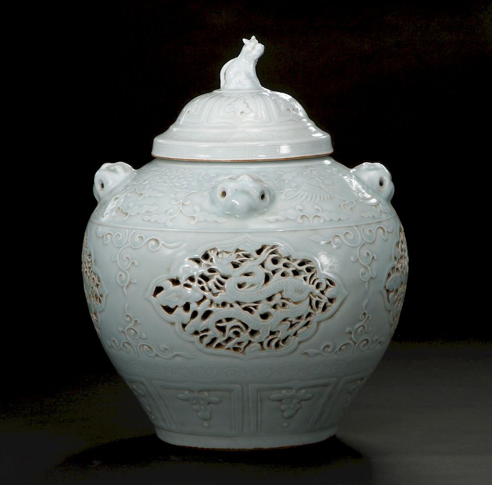 Appraisal: Rare Shufu Ware Reticulated And Carved Guan Cover Finely potted