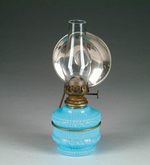 Appraisal: BLUE GLASS MINIATURE LAMP The hanging lamp has round reflector