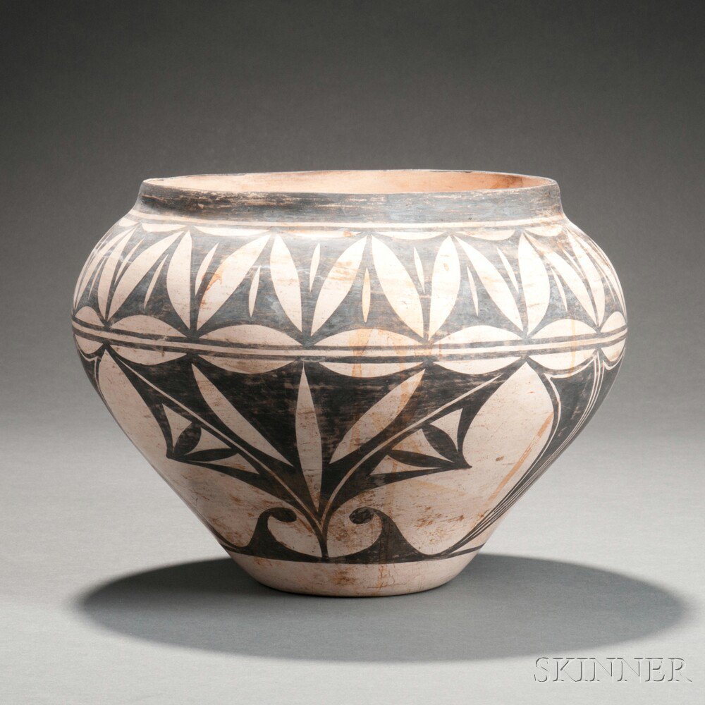 Appraisal: Southwest Black-and-white Pottery Jar c mid- th century with curvilinear