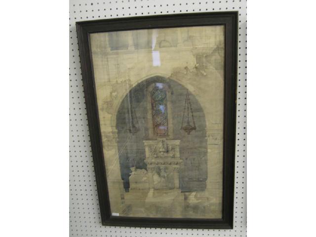 Appraisal: th Century Architectural Watercolor of Temple with hanging lights stainglass