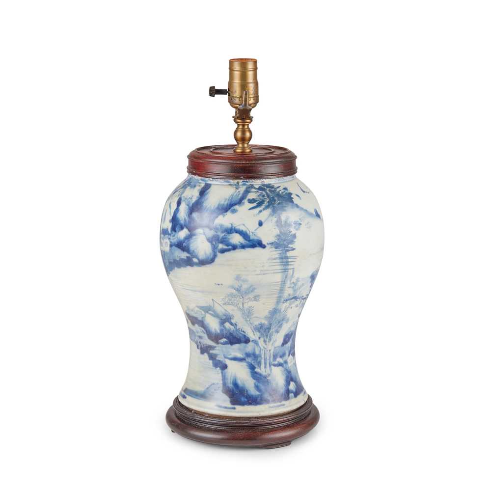 Appraisal: BLUE AND WHITE VASE LAMP painted with shanshui landscape later