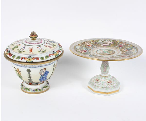 Appraisal: Capo di monte tazza stand and covered bowl decorated with