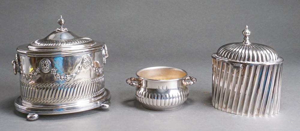 Appraisal: SILVERPLATE CACHE POT AND TWO BISCUIT BARREL CANISTERS ONE BY