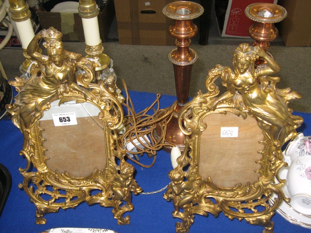 Appraisal: Lot comprising pair of gilt metal photograph frames copper candl