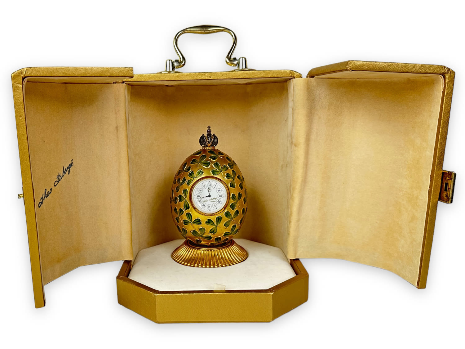 Appraisal: Theo Faberge Clover Egg Clock w Box Egg measures x