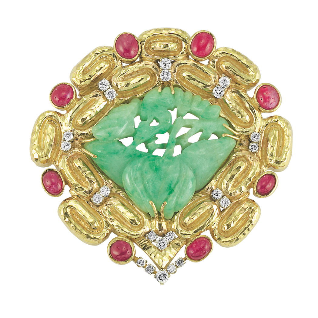 Appraisal: Hammered Gold Carved Jade Diamond and Cabochon Ruby Pendant-Brooch kt