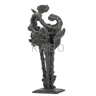 Appraisal: ABSTRACT BRONZE SCULPTURE Figure astride a leafy columnar base th