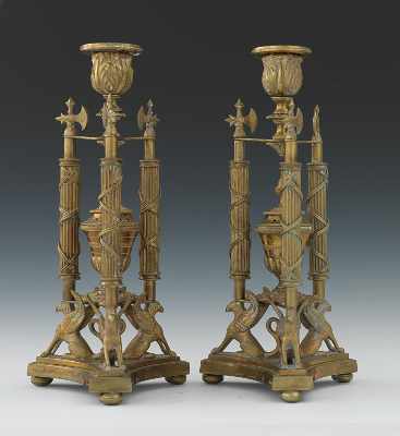 Appraisal: A Pair of Empire Revival Style Brass Candleholders Composed of