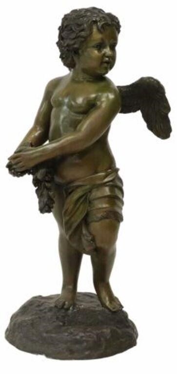 Appraisal: Large patinated bronze garden figure Winged Cherub the draped figure