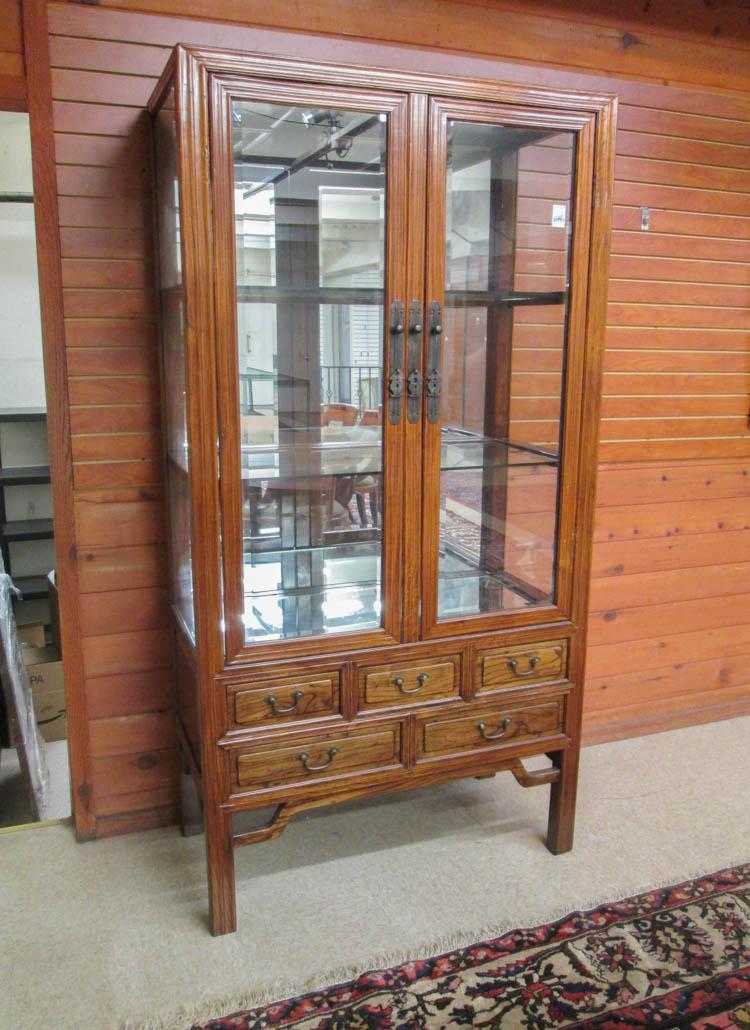 Appraisal: CHINESE GLASS AND ELM DISPLAY CABINET having a pair of