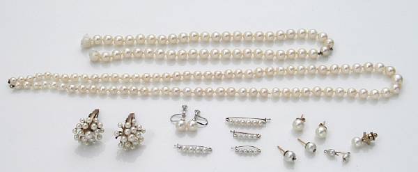 Appraisal: A collection of cultured pearl and metal jewelry including four