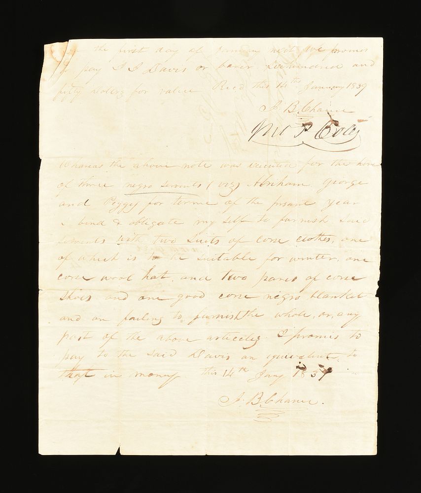 Appraisal: A TEXAS REPUBLIC SLAVE CONTRACT JOHN P COLES AND JOSEPH