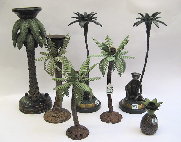 Appraisal: SEVEN METAL CANDLESTICKS all bronzed finish with green accents pair