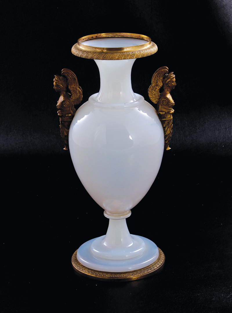 Appraisal: French Empire ormolu-mounted opaline glass vase circa winged caryatid handles