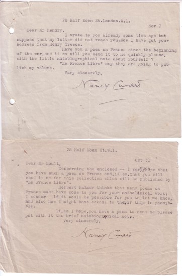 Appraisal: CUNARD NANCY Two Typed Letters Signed each requesting a poem