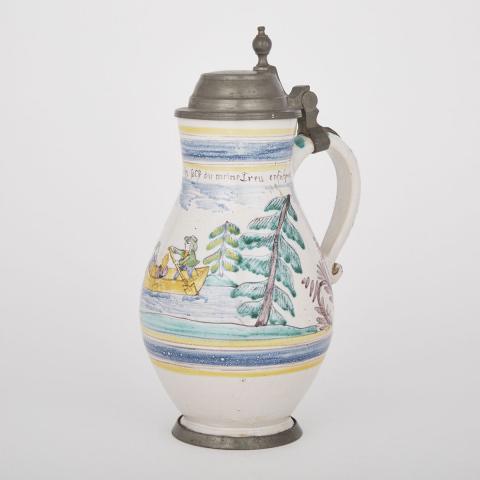 Appraisal: Pewter Mounted Salzburg Faience Beer Stein c painted in yellow