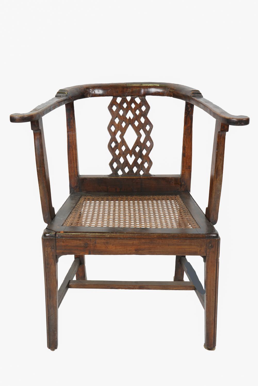 Appraisal: BRITISH COLONIAL CARVED WOOD CHAIRwith horseshoe toprail over a pierced