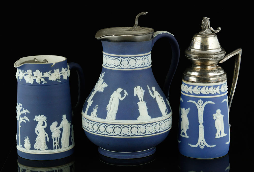 Appraisal: - Wedgwood Jasperware Pitchers Lot of three Wedgwood Jasperware covered