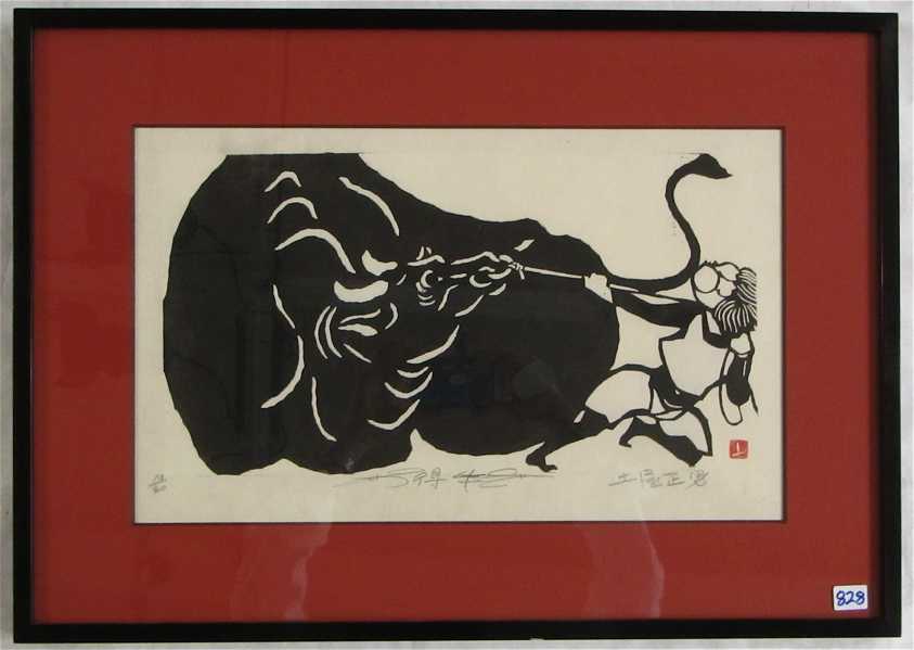 Appraisal: JAPANESE KAPPAZURI-E PRINT stencil figure pulling a bull in the