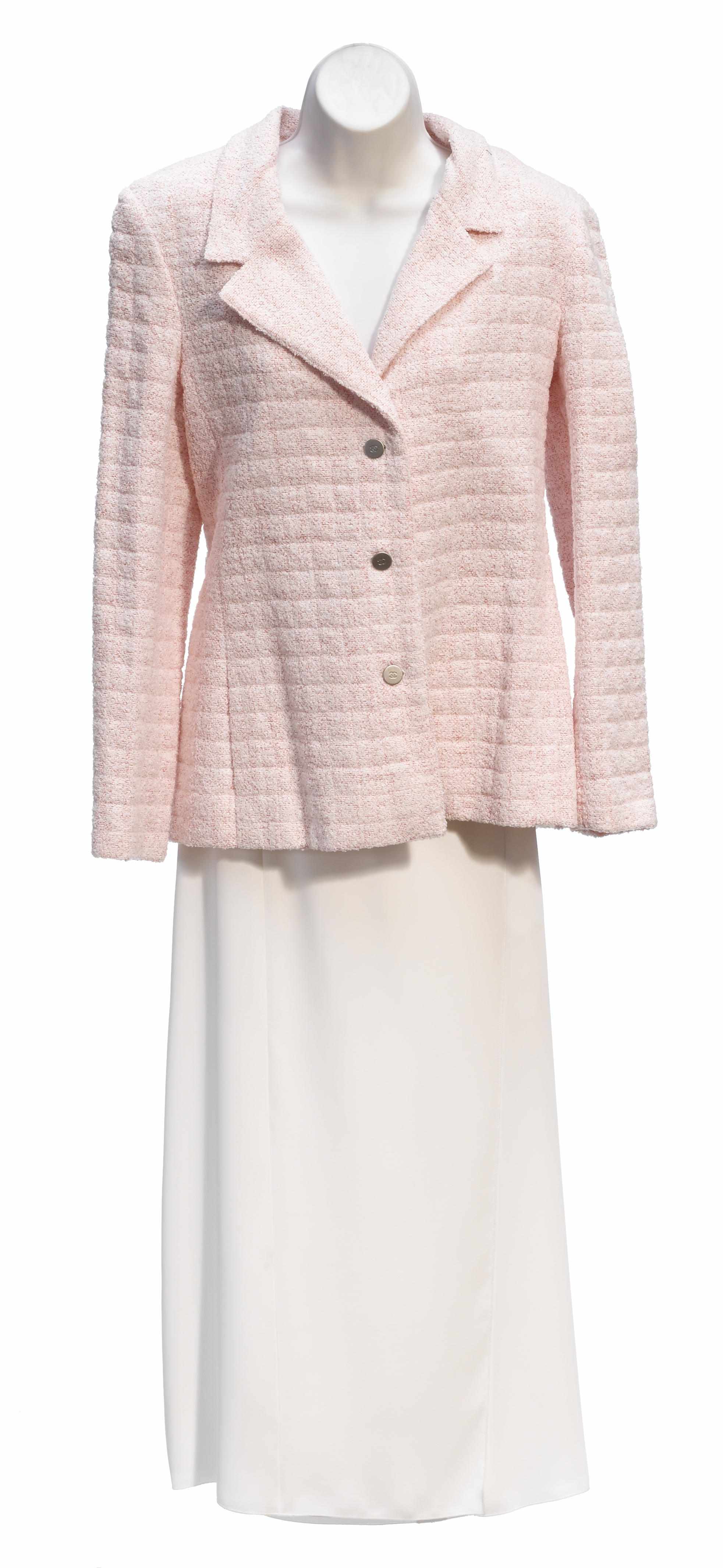 Appraisal: A Chanel pink knit jacket and ivory silk pants jacket