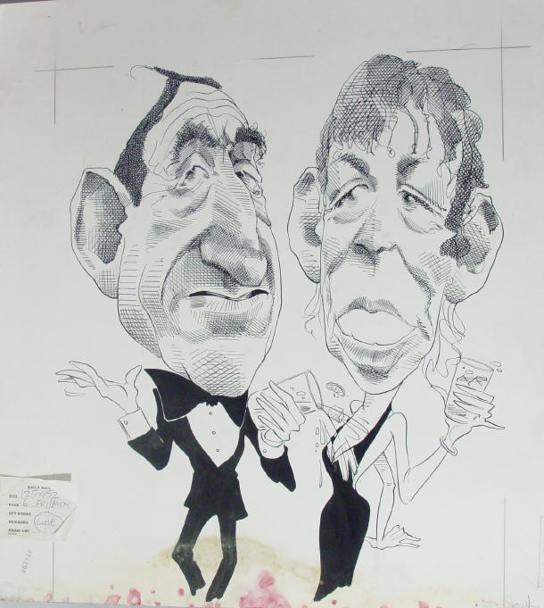 Appraisal: Original ink political advertising cartoon depicting Leonard Rossiter and Frances