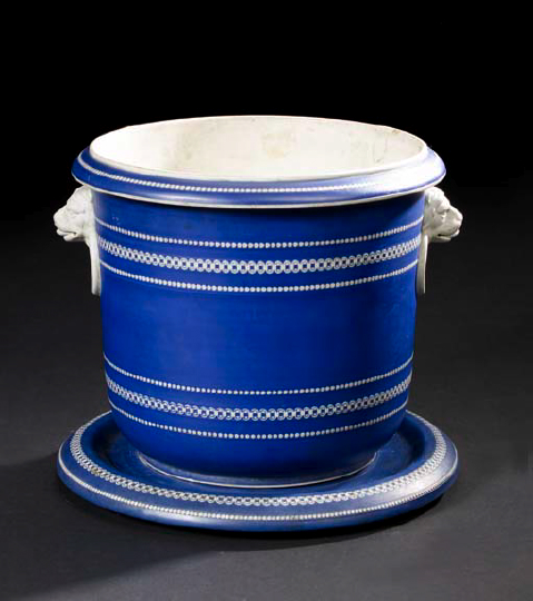 Appraisal: Large English Royal Blue-and-White Jasperware Cachepot and Drain Plate in